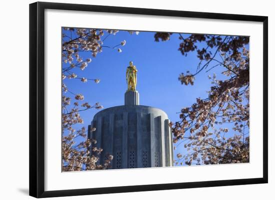 USA, Oregon, Salem, the Oregon State Capitol and Cherry Blossoms.-Rick A. Brown-Framed Photographic Print
