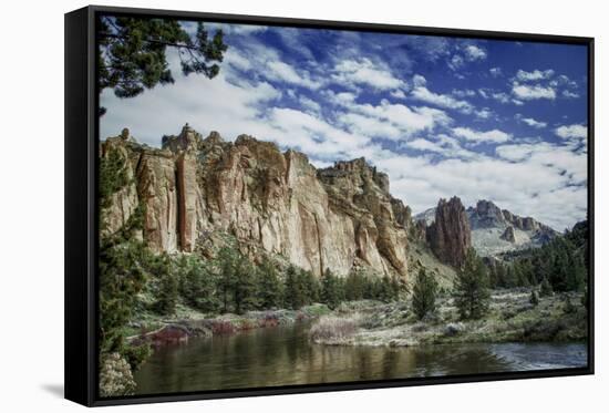 USA, Oregon, Smith Rock State Park. Crooked River, volcanic tuff and clouds.-Mark Williford-Framed Stretched Canvas