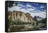 USA, Oregon, Smith Rock State Park. Crooked River, volcanic tuff and clouds.-Mark Williford-Framed Stretched Canvas