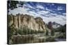 USA, Oregon, Smith Rock State Park. Crooked River, volcanic tuff and clouds.-Mark Williford-Stretched Canvas