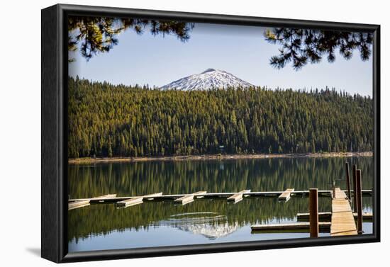 USA, Oregon. Sparks Lake Recreation Area, Elk Lake, docks with Mt. Bachelor.-Alison Jones-Framed Photographic Print