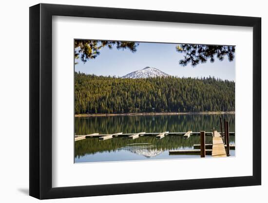 USA, Oregon. Sparks Lake Recreation Area, Elk Lake, docks with Mt. Bachelor.-Alison Jones-Framed Photographic Print
