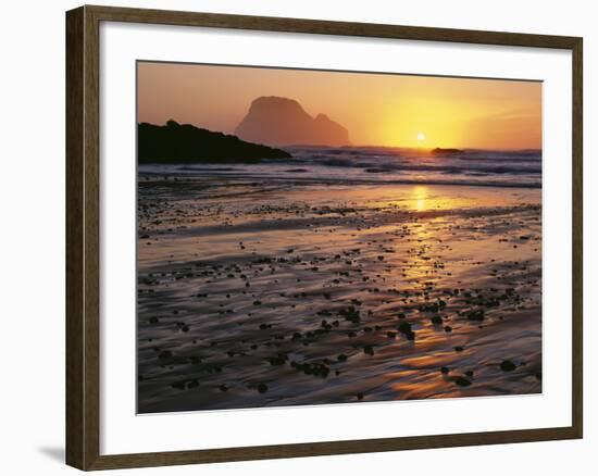 USA, Oregon. Sunset, tide-washed sand and Three Arch Rocks, near Oceanside.-John Barger-Framed Photographic Print