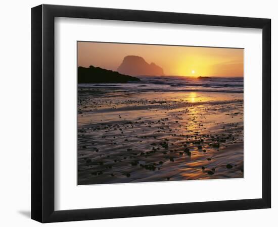 USA, Oregon. Sunset, tide-washed sand and Three Arch Rocks, near Oceanside.-John Barger-Framed Photographic Print