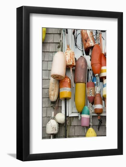 USA, Rhode Island, Block Island. Fishing buoys and floats on a wall.-Cindy Miller Hopkins-Framed Photographic Print