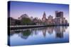 USA, Rhode Island, Providence, city skyline from the Providence River at dawn-Walter Bibikow-Stretched Canvas