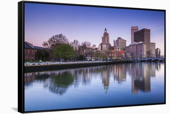 USA, Rhode Island, Providence, city skyline from the Providence River at dawn-Walter Bibikow-Framed Stretched Canvas