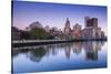 USA, Rhode Island, Providence, city skyline from the Providence River at dawn-Walter Bibikow-Stretched Canvas