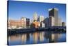 USA, Rhode Island, Providence, city skyline from the Providence River at dawn-Walter Bibikow-Stretched Canvas