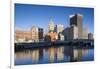 USA, Rhode Island, Providence, city skyline from the Providence River at dawn-Walter Bibikow-Framed Photographic Print