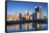 USA, Rhode Island, Providence, city skyline from the Providence River at dawn-Walter Bibikow-Framed Stretched Canvas