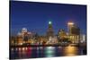 USA, Rhode Island, Providence, city skyline from the Providence River at dusk-Walter Bibikow-Stretched Canvas