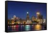 USA, Rhode Island, Providence, city skyline from the Providence River at dusk-Walter Bibikow-Framed Stretched Canvas