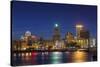 USA, Rhode Island, Providence, city skyline from the Providence River at dusk-Walter Bibikow-Stretched Canvas