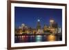 USA, Rhode Island, Providence, city skyline from the Providence River at dusk-Walter Bibikow-Framed Premium Photographic Print