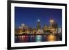 USA, Rhode Island, Providence, city skyline from the Providence River at dusk-Walter Bibikow-Framed Premium Photographic Print