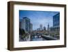 USA, Rhode Island, Providence, city skyline from Waterplace Park at dusk-Walter Bibikow-Framed Photographic Print