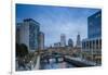 USA, Rhode Island, Providence, city skyline from Waterplace Park at dusk-Walter Bibikow-Framed Photographic Print