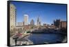 USA, Rhode Island, Providence, city skyline from Waterplace Park-Walter Bibikow-Framed Stretched Canvas