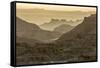 USA, South Dakota, Badlands National Park. Sunrise mist over eroded formations.-Jaynes Gallery-Framed Stretched Canvas