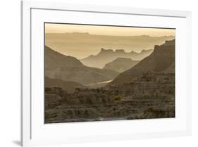 USA, South Dakota, Badlands National Park. Sunrise mist over eroded formations.-Jaynes Gallery-Framed Photographic Print