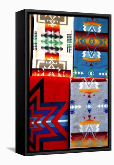 USA,  South Dakota,  Rapid City,  Prairie Edge Trading Co. Typical Pendleton blanket-Cindy Miller Hopkins-Framed Stretched Canvas