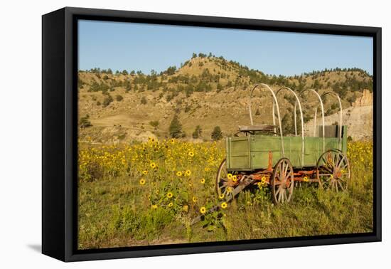 USA, South Dakota, Wild Horse Sanctuary. Scenic with Vintage Wagon-Cathy & Gordon Illg-Framed Stretched Canvas