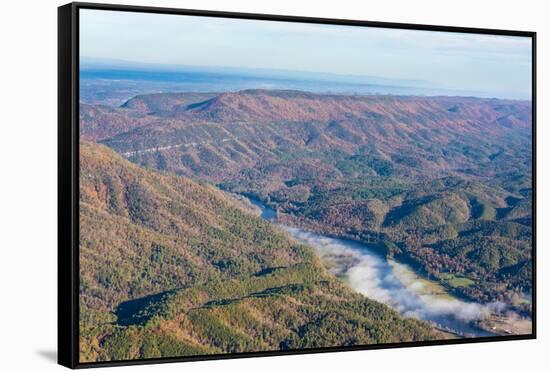 USA, Tennessee. Morning fog Hiwassee River, Blue Ridge fall color-Trish Drury-Framed Stretched Canvas