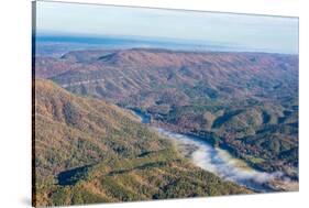 USA, Tennessee. Morning fog Hiwassee River, Blue Ridge fall color-Trish Drury-Stretched Canvas