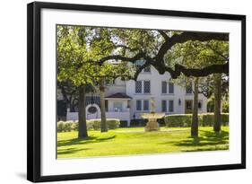 USA, Texas, Austin. Fountain and twisted oak trees at Laguna Gloria.-Randa Bishop-Framed Photographic Print