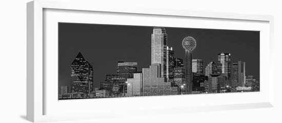 USA, Texas, Dallas, Panoramic view of an urban skyline at night BW, Black and White-null-Framed Photographic Print