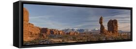 USA, Utah. Panoramic image of Balanced Rock at sunset, Arches National Park.-Judith Zimmerman-Framed Stretched Canvas