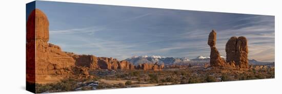 USA, Utah. Panoramic image of Balanced Rock at sunset, Arches National Park.-Judith Zimmerman-Stretched Canvas