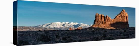 USA, Utah. Sandstone formations and the La Sal Mountains at Arches National Park.-Judith Zimmerman-Stretched Canvas