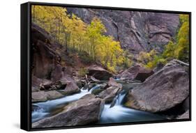 USA, Utah, Zion National Park. Canyon Waterfall with Cottonwood Trees-Jaynes Gallery-Framed Stretched Canvas