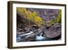 USA, Utah, Zion National Park. Canyon Waterfall with Cottonwood Trees-Jaynes Gallery-Framed Photographic Print