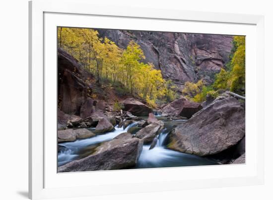 USA, Utah, Zion National Park. Canyon Waterfall with Cottonwood Trees-Jaynes Gallery-Framed Photographic Print