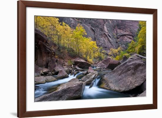 USA, Utah, Zion National Park. Canyon Waterfall with Cottonwood Trees-Jaynes Gallery-Framed Photographic Print