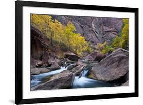 USA, Utah, Zion National Park. Canyon Waterfall with Cottonwood Trees-Jaynes Gallery-Framed Photographic Print