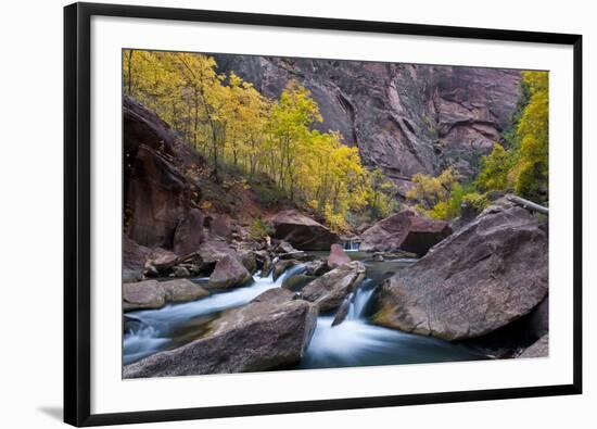 USA, Utah, Zion National Park. Canyon Waterfall with Cottonwood Trees-Jaynes Gallery-Framed Photographic Print