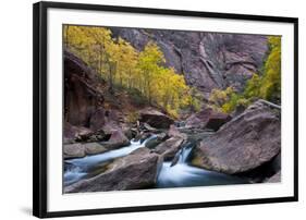 USA, Utah, Zion National Park. Canyon Waterfall with Cottonwood Trees-Jaynes Gallery-Framed Photographic Print