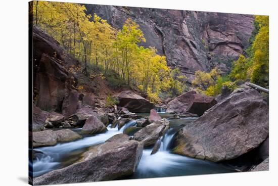 USA, Utah, Zion National Park. Canyon Waterfall with Cottonwood Trees-Jaynes Gallery-Stretched Canvas