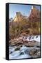 USA, Utah, Zion National Park. The Patriarchs formation and Virgin River.-Jaynes Gallery-Framed Stretched Canvas