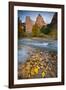 USA, Utah, Zion National Park. the Sentinel with Fallen Leaves in Virgin River-Jaynes Gallery-Framed Photographic Print