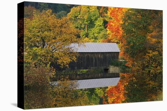 USA, Vermont. Covered Bridge and Autumn Reflections-Jaynes Gallery-Stretched Canvas