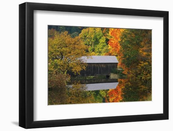 USA, Vermont. Covered Bridge and Autumn Reflections-Jaynes Gallery-Framed Photographic Print