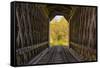 USA, Vermont, Fall foliage seen off Rt. 15, Wolcott, Fisher Covered Railroad Bridge (1908)-Alison Jones-Framed Stretched Canvas