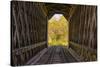 USA, Vermont, Fall foliage seen off Rt. 15, Wolcott, Fisher Covered Railroad Bridge (1908)-Alison Jones-Stretched Canvas