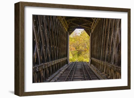 USA, Vermont, Fall foliage seen off Rt. 15, Wolcott, Fisher Covered Railroad Bridge (1908)-Alison Jones-Framed Photographic Print