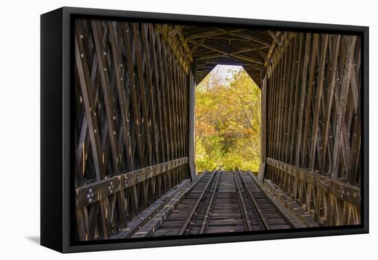 USA, Vermont, Fall foliage seen off Rt. 15, Wolcott, Fisher Covered Railroad Bridge (1908)-Alison Jones-Framed Stretched Canvas